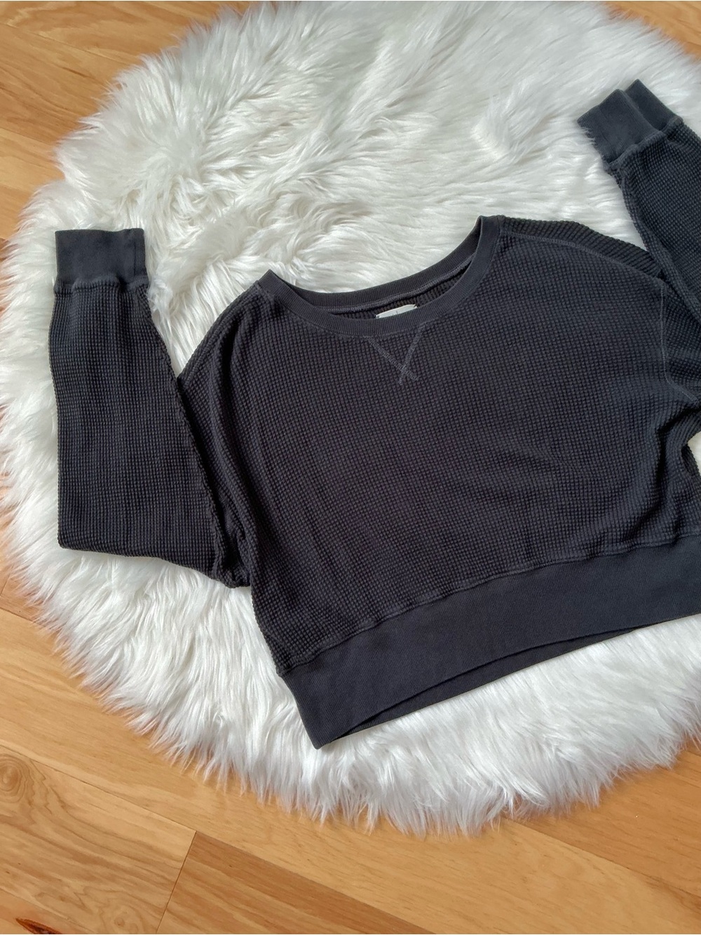 aerie Offline Dark Grey/Black Waffle Knit Long Sleeve Crop Top Size Small
